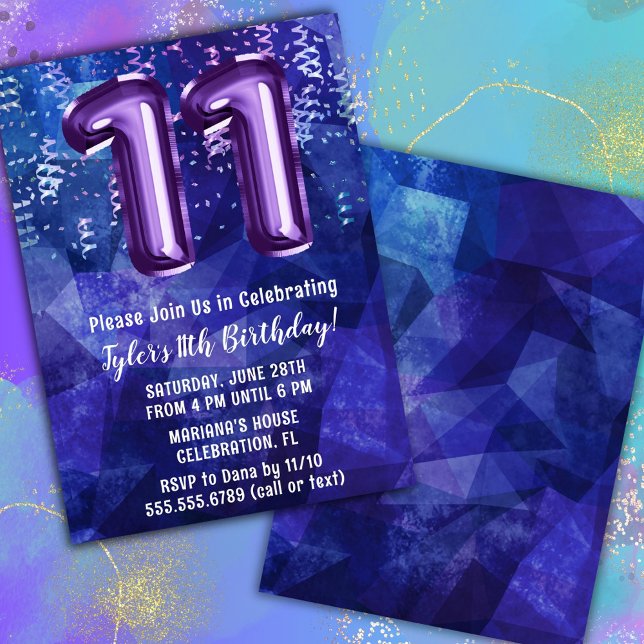 Boy Blue Purple 11th Birthday Invitation (Creator Uploaded)