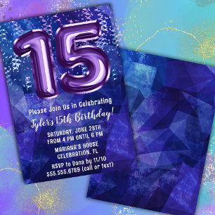 Boy Blue Purple 15th Birthday Invitation