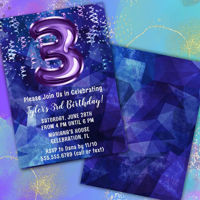 Boy Blue Purple 3rd Birthday Invitation (Creator Uploaded)