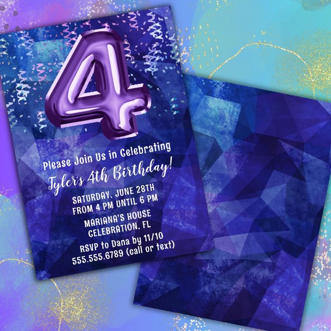 Boy Blue Purple 4th Birthday Invitation (Creator Uploaded)