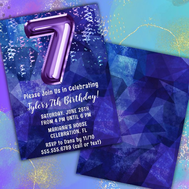 Boy Blue Purple 7th Birthday Invitation (Creator Uploaded)
