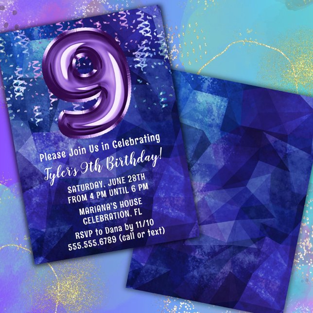 Boy Blue Purple 9th Birthday Invitation (Creator Uploaded)