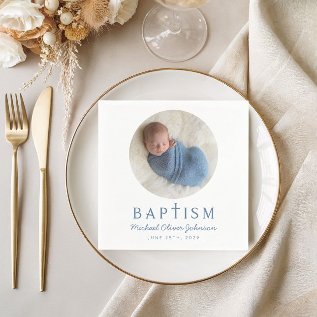 Boy Blue Script Religious Cross Baptism Photo Napkin (Modern Photo Blue Cross Boy Baptism Napkins)
