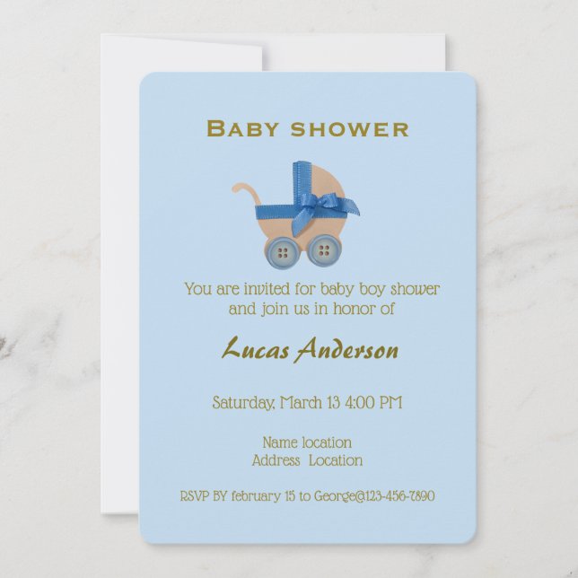 Boy Blue Stroller, Gold Typography on Cyan Blue Invitation (Front)