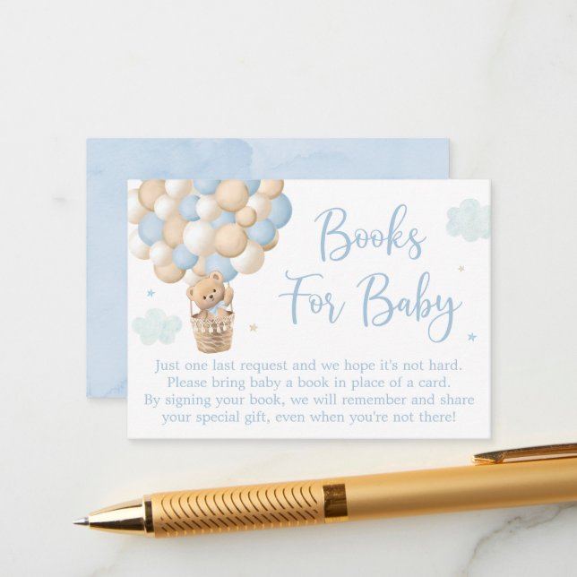 Boy Blue Teddy Bear Baby Shower Book Request Enclosure Card (Front/Back In Situ)