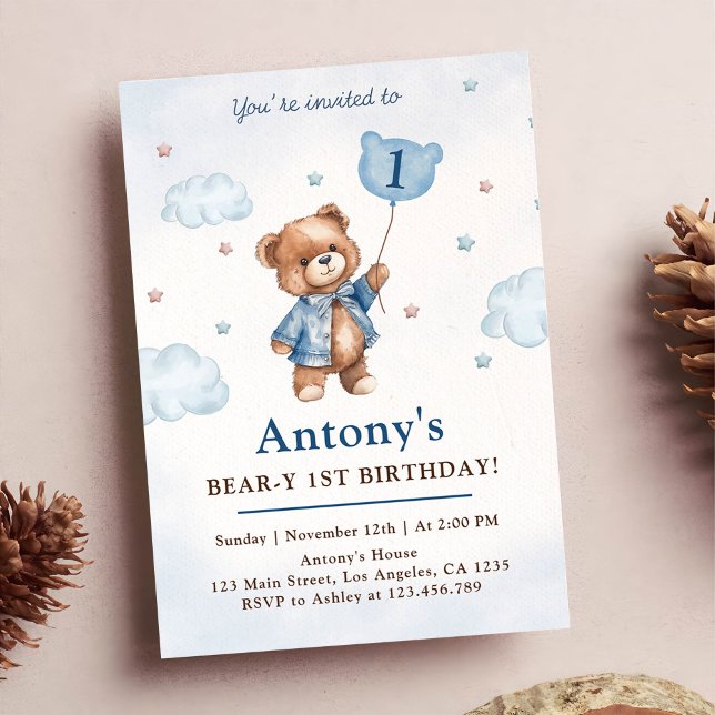 Boy Blue Teddy Bear Balloons First Birthday Invitation (Creator Uploaded)