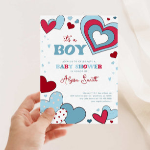 Boy Blue Valentine's Day Hearts Baby Shower Invitation