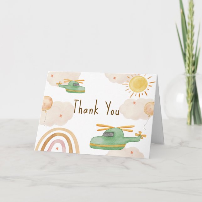 Boy Boho Adventure Helicopter Airplane Baby Shower Thank You Card (Front)