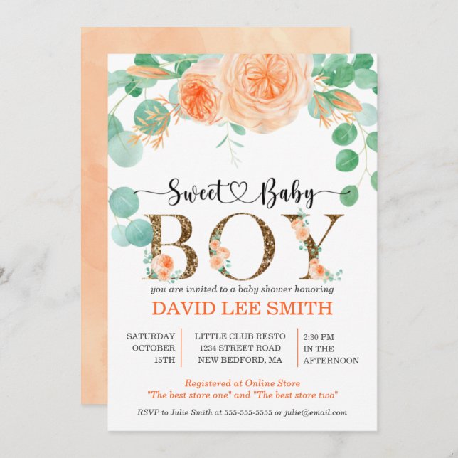 Boy Botanical teal and orange Baby Shower (Front/Back)