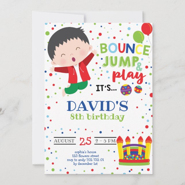 Boy Bounce Jump Colourful Trampoline Birthday Part Invitation (Front)