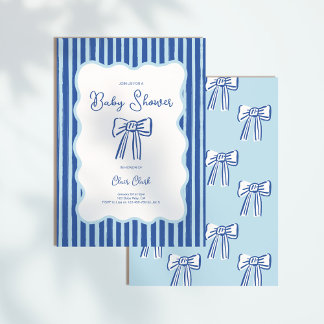 Boy Bow Invitation, Blue Hand Drawn Baby Shower Invitation