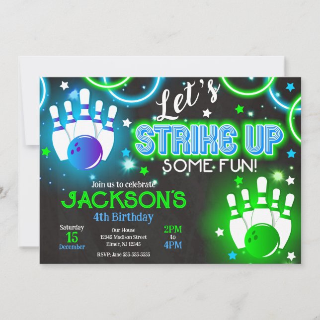 Boy Bowling Invitation Glow Neon Joint Birthday (Front)