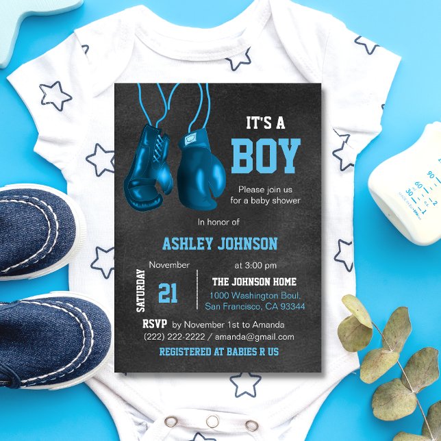 Boy Boxing Gloves Blue Baby Shower Invitations (Creator Uploaded)