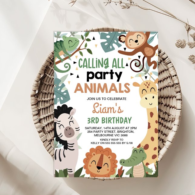 Boy Brown Green Calling All Party Animals Birthday Invitation (Calling All Party Animals  Birthday Invitation Template Boy, Safari Birthday Invitation, Jungle )