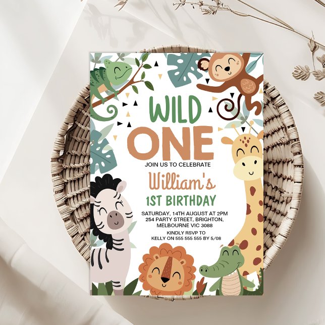 Boy Brown Green Safari Wild One 1st Birthday Invitation (Wild One 1ST Birthday Invitation Template Boy, Safari Wild One Birthday Invitation, Jungle Themed)