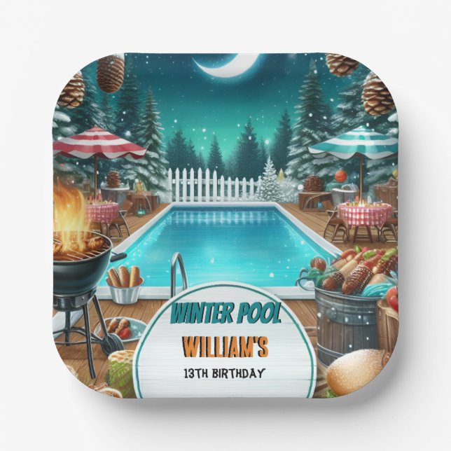 boy bruh Barbeque Winter Pool Party 13th birthday Paper Plate (Front)