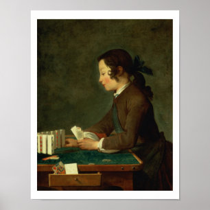 Boy Building a Castle of Cards (oil on canvas) Poster