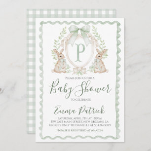 Boy Bunny Rabbit Baby Shower Preppy Sage Green Invitation