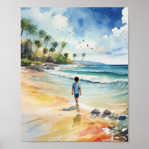 Boy by the Sea Watercolor Poster