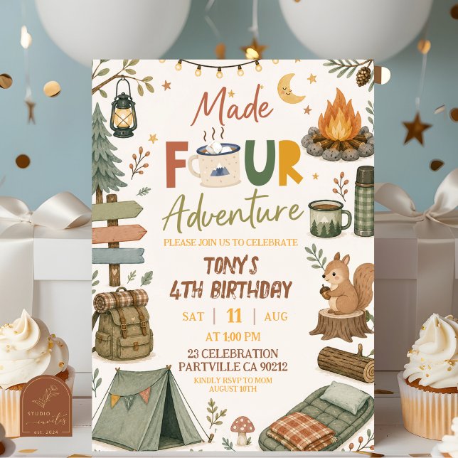 Boy Camping Theme Made FOUR Adventure Birthday  Invitation (Creator Uploaded)