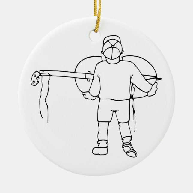 Boy Carrying Broken Upright Bass Back View Ceramic Tree Decoration (Front)