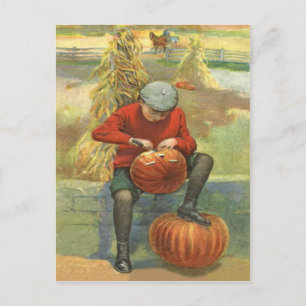 Boy Carving Jack O Lantern Pumpkin Postcard