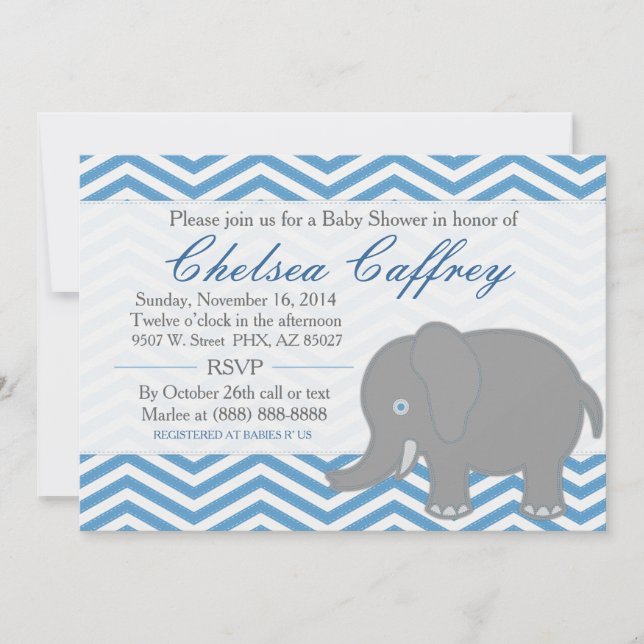 Boy Chevron Elephant Stitch Baby Shower Invitation (Front)
