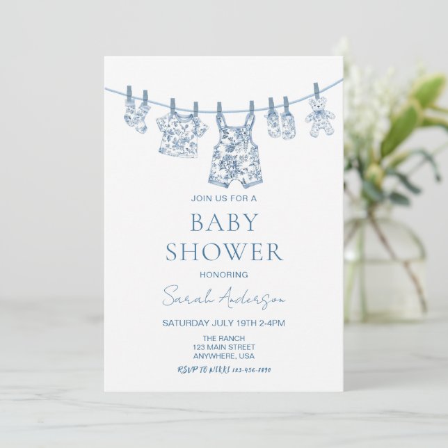 Boy Chinoiserie Toile baby clothes Baby Shower Invitation (Standing Front)