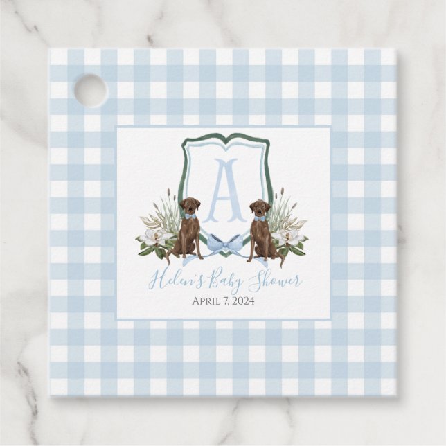 Boy Chocolate Lab Blue Gingham Favour Tags (Front)
