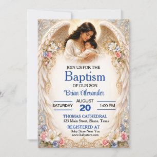 Boy Christening with Beautiful Angel Invitation