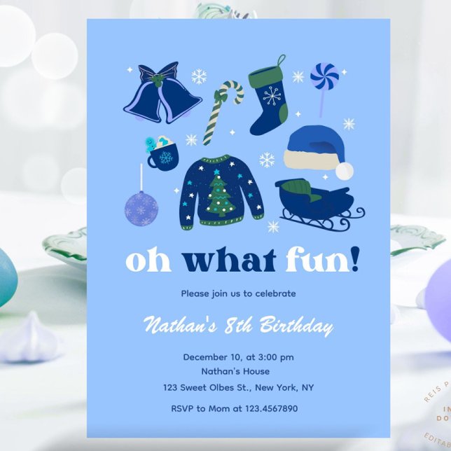 Boy Christmas Theme Birthday Holiday Blue Xmas Invitation (Boy Christmas Invitation, Blue Christmas, Boy Christmas Birthday, Any Age Invitation, December Birth)