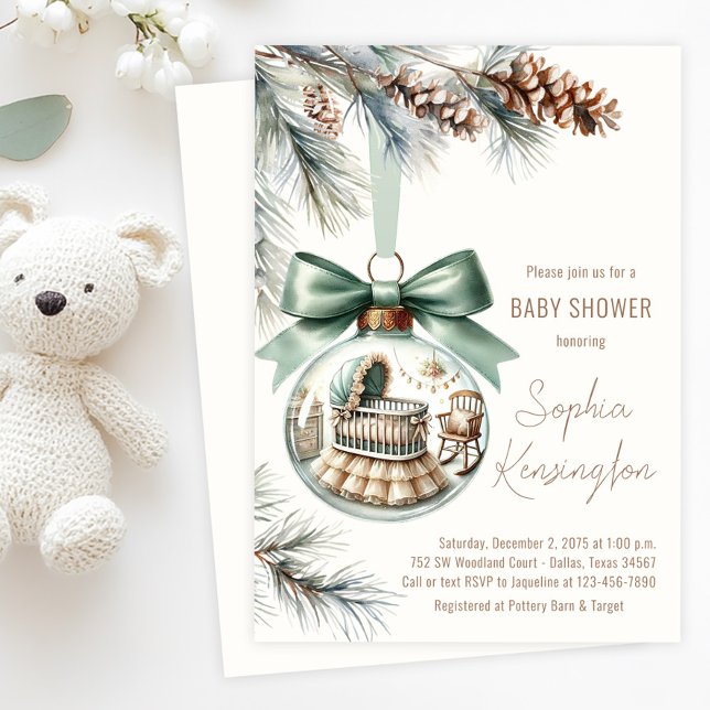 Boy Christmas Tree Ornament Winter Baby Shower  Invitation (Boy's Christmas tree ornament baby shower invitation with glass ornament with sweet nursery  scene.)