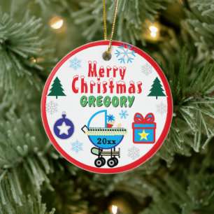 Boy Christmas Trees NAME Blue Carriage Ceramic Tree Decoration