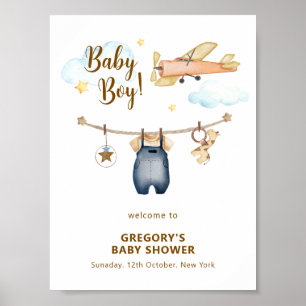 Boy Clothesline Airplane Sky Baby Shower Welcome  Poster