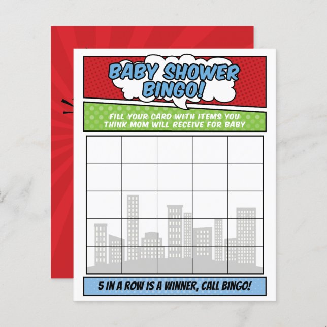 Boy Comic Book Superhero Baby Shower Bingo Game (Front/Back)