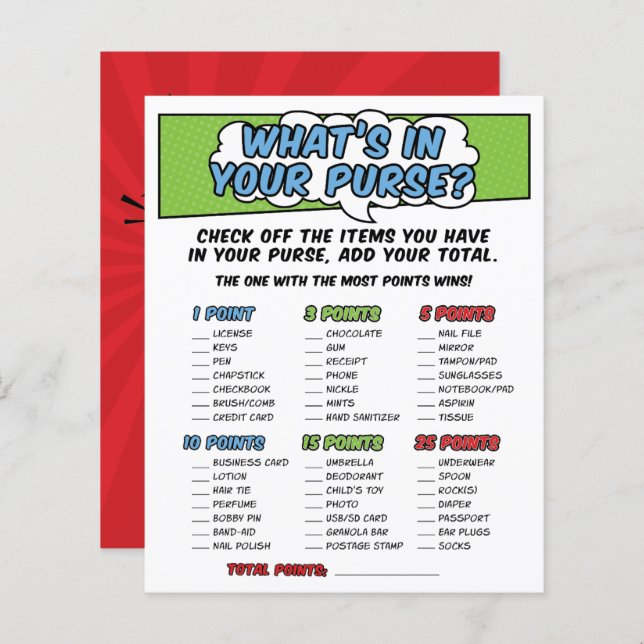 Boy Comic Book Superhero Baby Shower Purse Game (Front/Back)