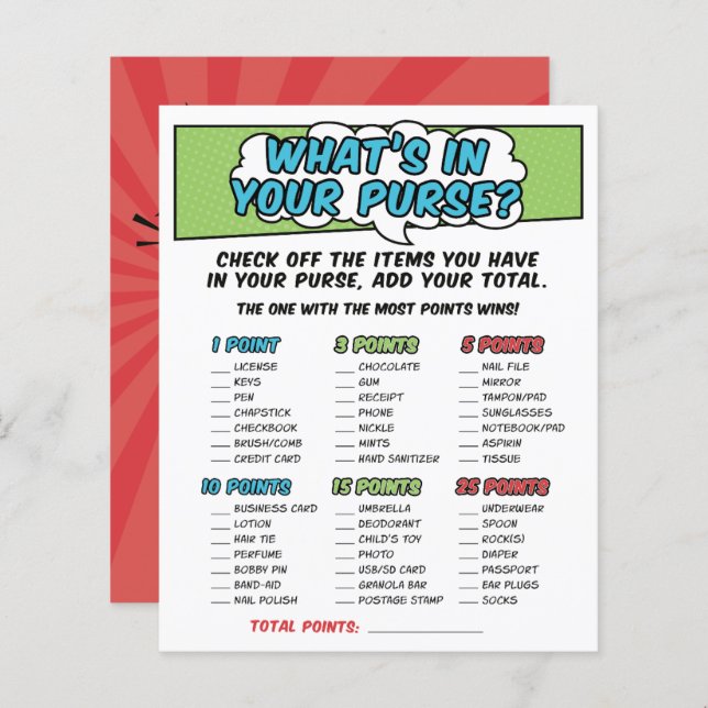 Boy Comic Book Superhero Baby Shower Purse Game (Front/Back)