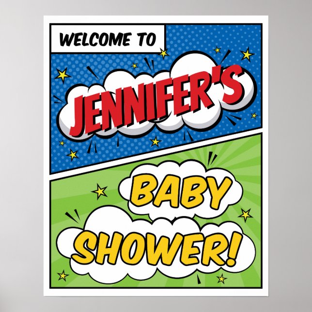 Boy Comic Book Superhero Baby Shower Welcome Poster (Front)