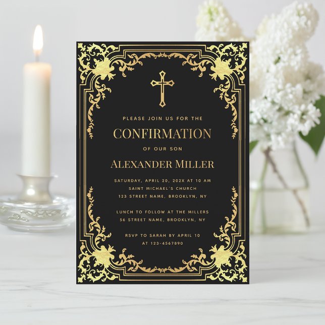 Boy Confirmation Black Faux Gold Vintage Elegant  Invitation (Creator Uploaded)