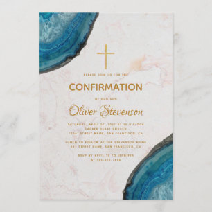 Boy Confirmation Blue Geode Agate Gold Cross Invitation
