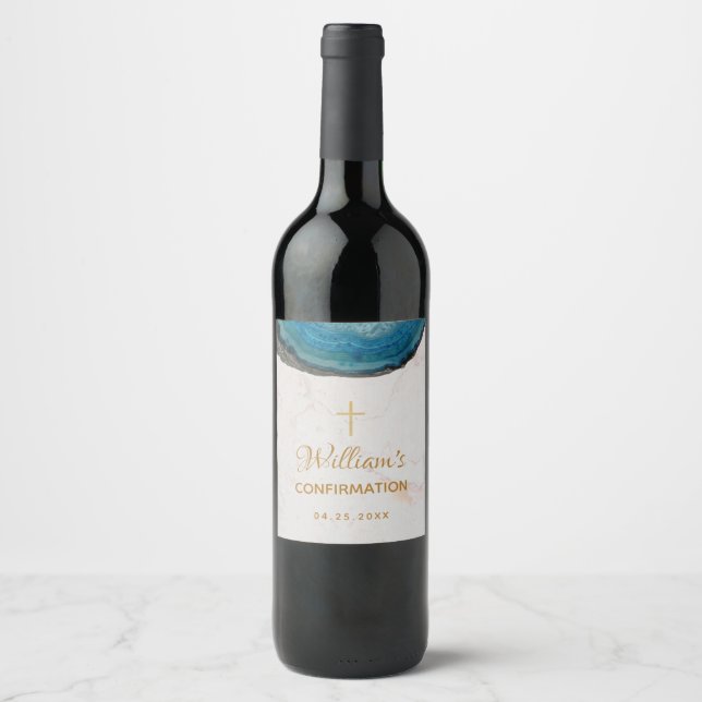 Boy Confirmation Blue Geode Gold Marble Script Wine Label (Front)