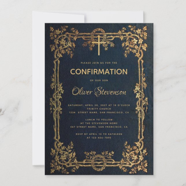 Boy Confirmation Blue Gold Leaves & Cross Vintage Invitation (Front)