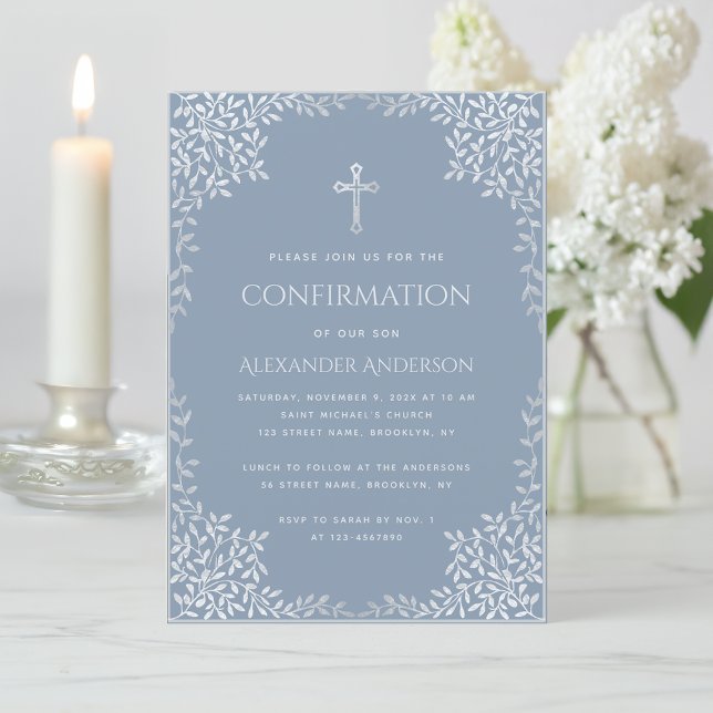 Boy Confirmation Dusty Blue Elegant Silver Leaves Invitation (Creator Uploaded)