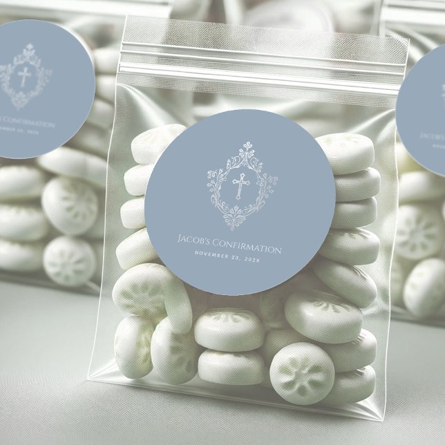 Boy Confirmation Dusty Blue Religious Cross Crest Classic Round Sticker (Creator Uploaded)