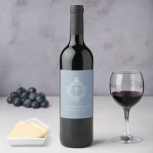 Boy Confirmation Dusty Blue Vintage Crest Elegant  Wine Label