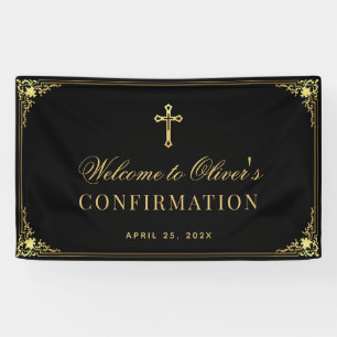 Boy Confirmation Elegant Black Faux Gold Vintage Banner