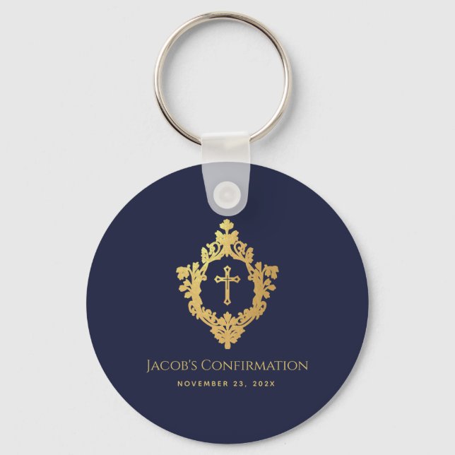 Boy Confirmation Favours Navy Blue Faux Gold Crest Key Ring (Front)