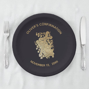 Boy Confirmation Gold Cross Bible on Black Vintage Paper Plate
