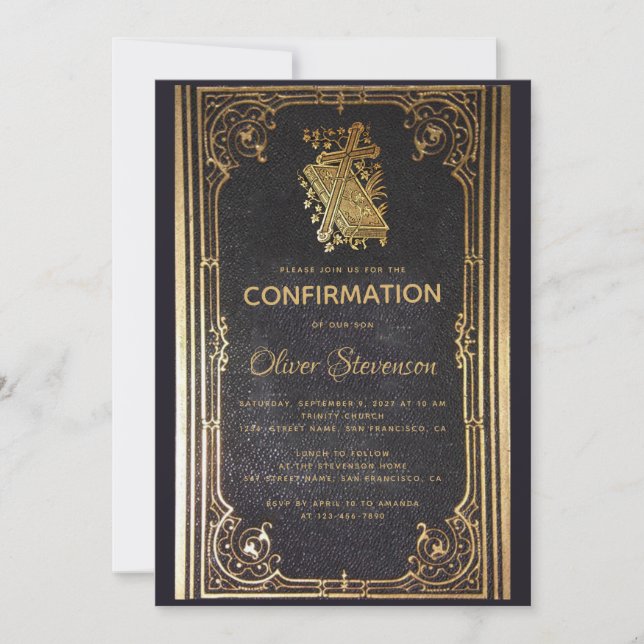 Boy Confirmation Gold Cross & Book Elegant Vintage Invitation (Front)