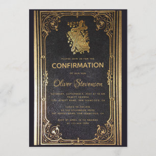 Boy Confirmation Gold Cross & Book Elegant Vintage Invitation